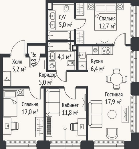 Планировка: 4+ к, 80,8 м²