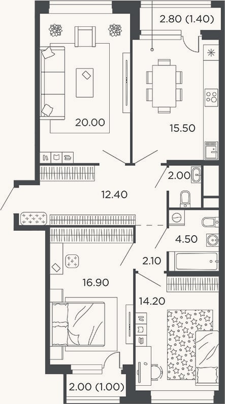 Планировка: 3-к, 87,6 м²