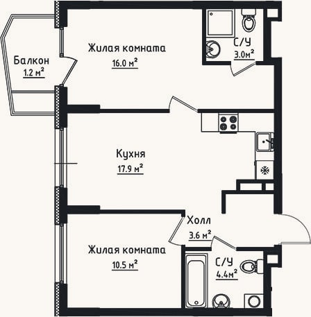 Планировка: 2-к, 55,4 м²