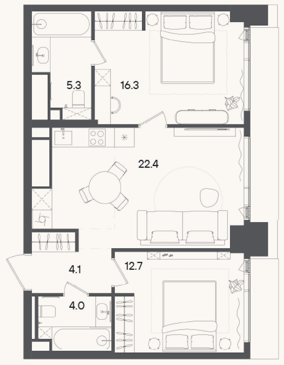 Планировка: 3-к, 64,8 м²
