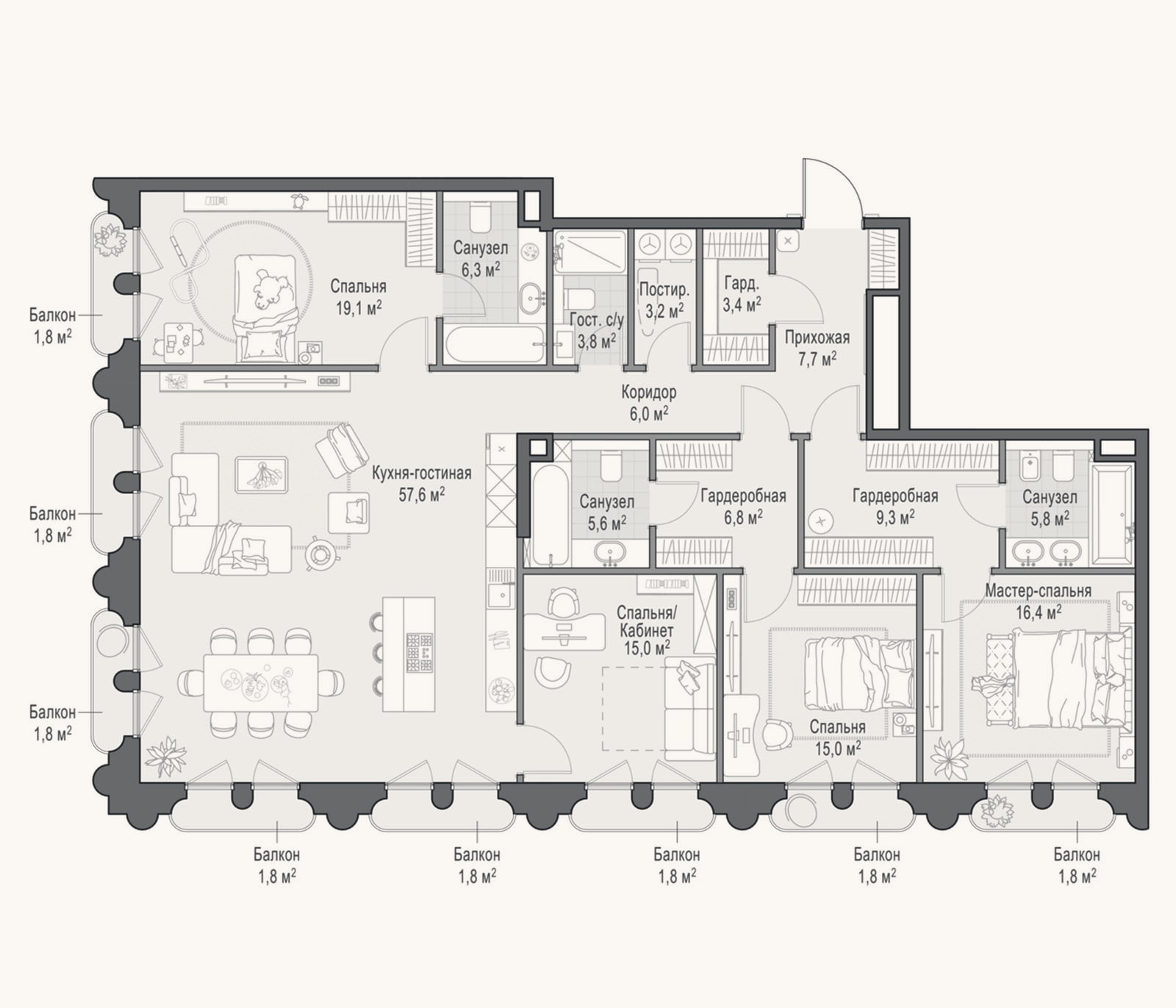 Планировка: 4+ к, 186,8 м²