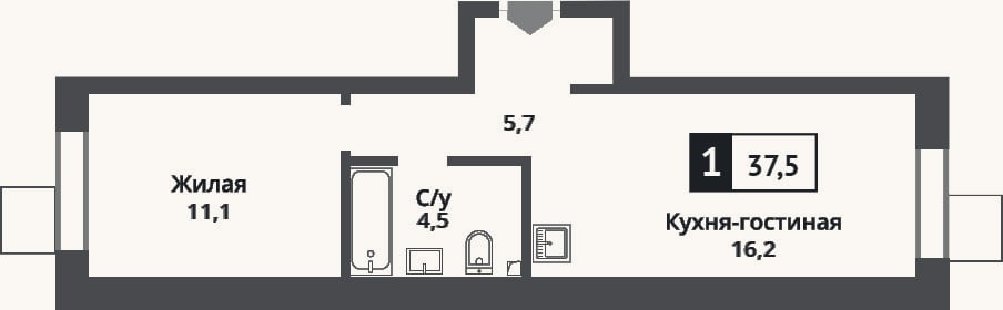 Планировка: 2-к, 37,5 м²