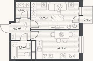 Планировка: 1-к, 37,1 м²