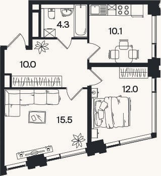 Планировка: 2-к, 51,9 м²