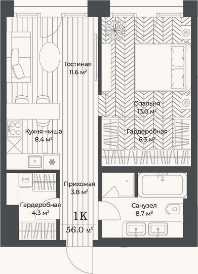 Планировка: 2-к, 56 м²