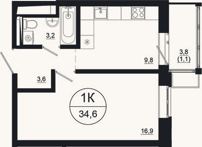 Планировка: 1-к, 33,5 м²