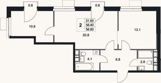 Планировка: 2-к, 58,4 м²