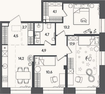 Планировка: 3-к, 76,8 м²