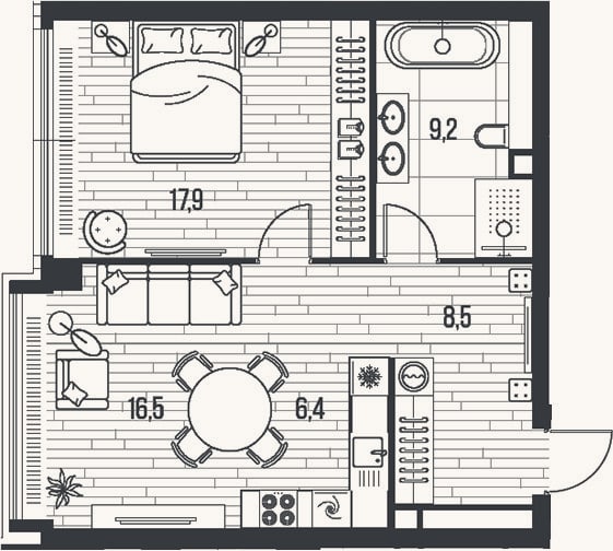 Планировка: 2-к, 58,5 м²