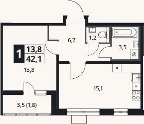 Планировка: 1-к, 41,6 м²