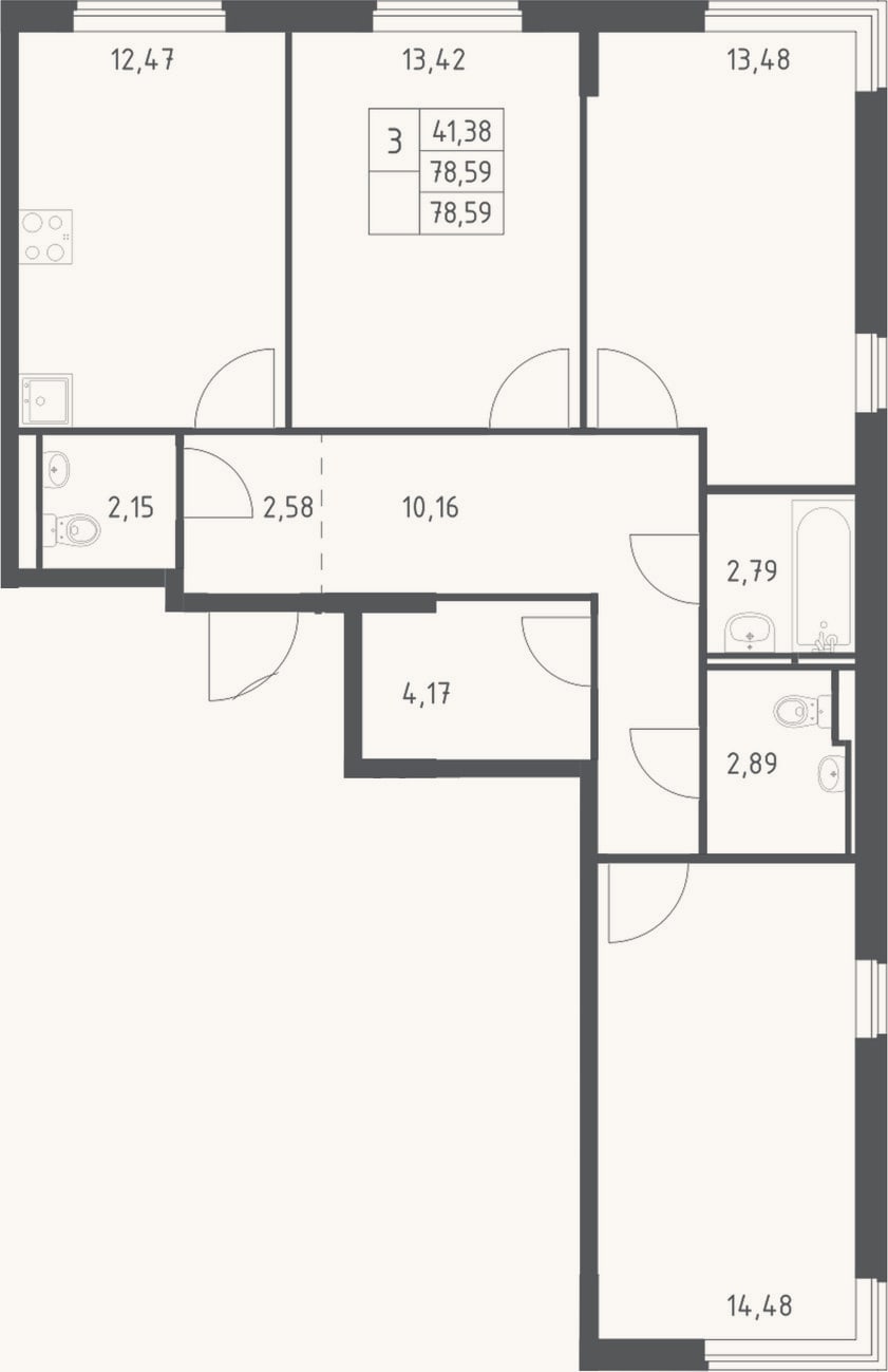 Планировка: 3-к, 78,6 м²