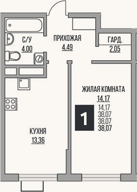 Планировка: 1-к, 38,1 м²