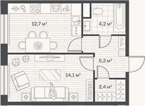 Планировка: 1-к, 38,6 м²