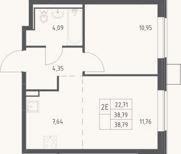 Планировка: 2-к, 38,8 м²