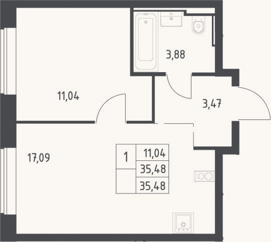 Планировка: 2-к, 35,5 м²