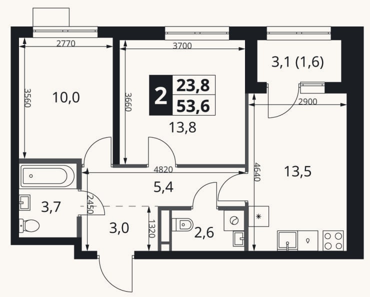 Планировка: 2-к, 52 м²
