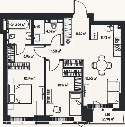 Планировка: 3-к, 68,4 м²
