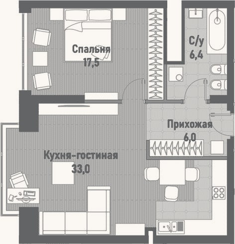 Планировка: 2-к, 62,9 м²