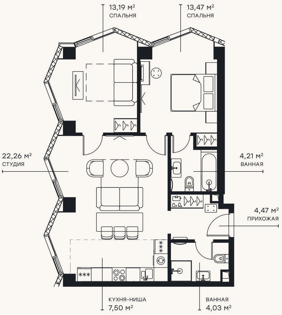 Планировка: 3-к, 69,1 м²