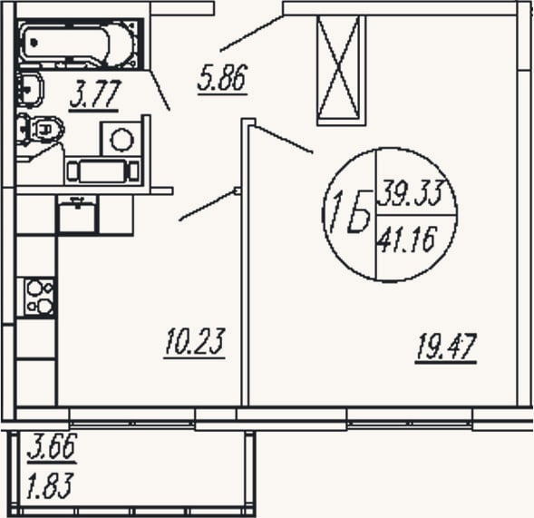Планировка: 1-к, 39,3 м²