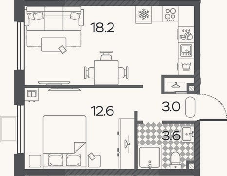 Планировка: 2-к, 37,4 м²