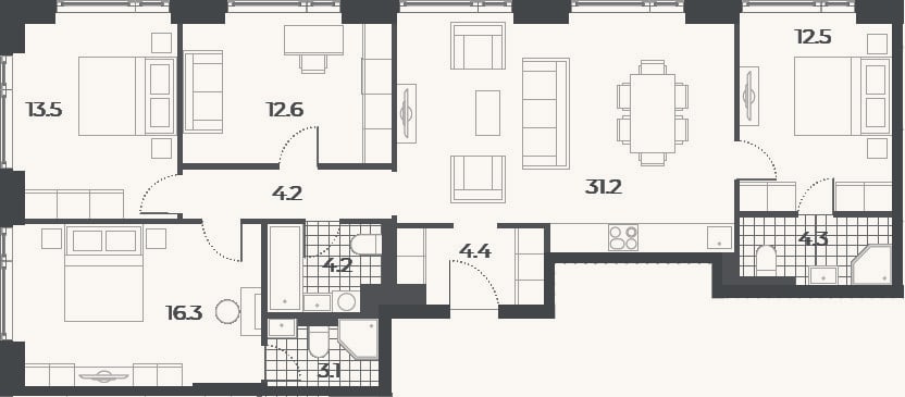 Планировка: 4+ к, 107,6 м²