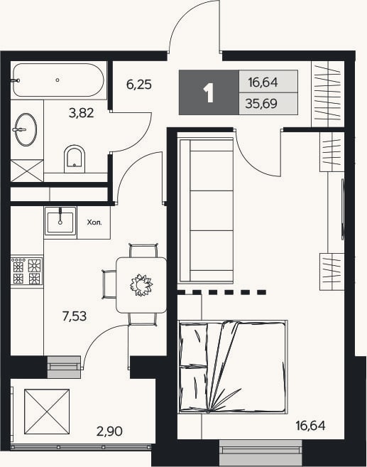 Планировка: 1-к, 34,2 м²