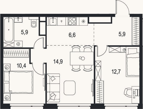 Планировка: 3-к, 56,4 м²