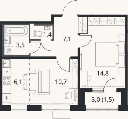 Планировка: 2-к, 43,6 м²