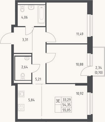 Планировка: 3-к, 54,4 м²