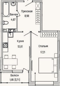 Планировка: 1-к, 44,9 м²