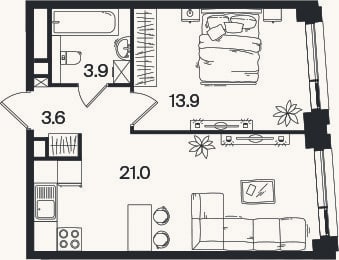 Планировка: 2-к, 42,4 м²