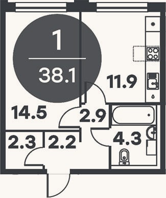 Планировка: 1-к, 38,1 м²