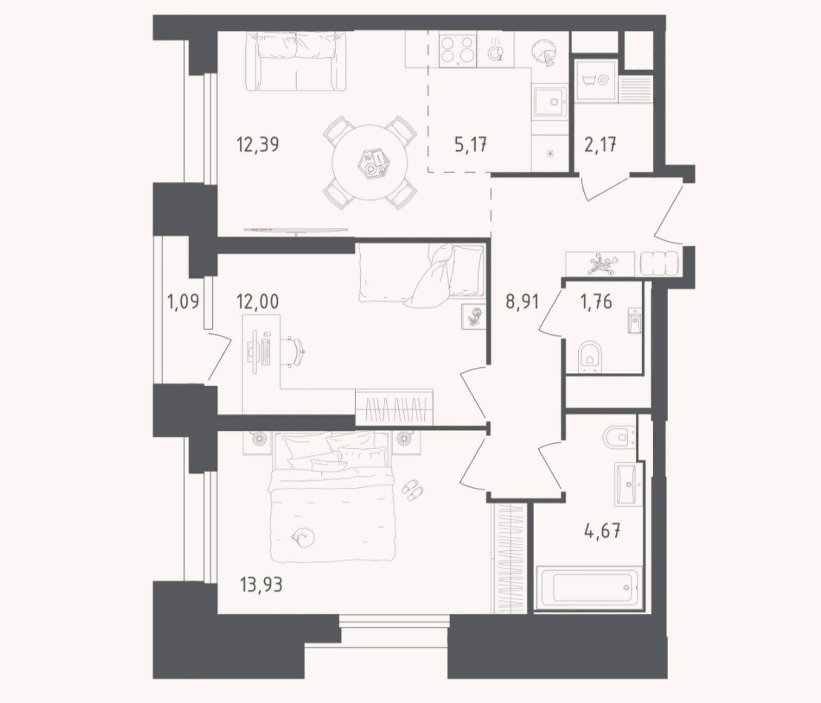 Планировка: 3-к, 61 м²