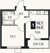 Планировка: 1-к, 32,1 м²