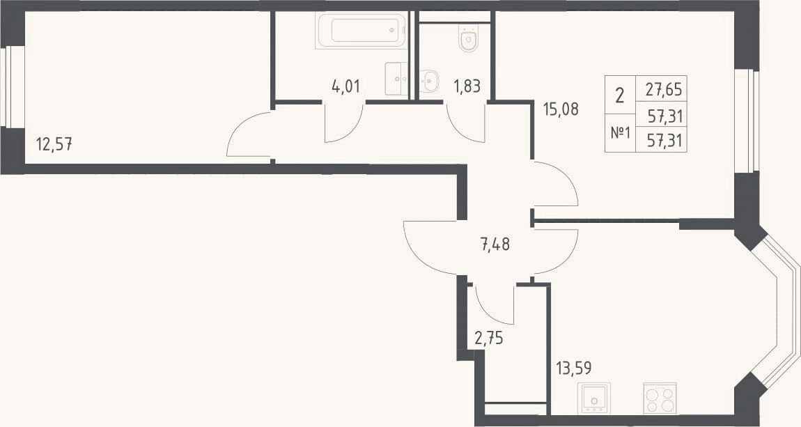 Планировка: 2-к, 57,3 м²