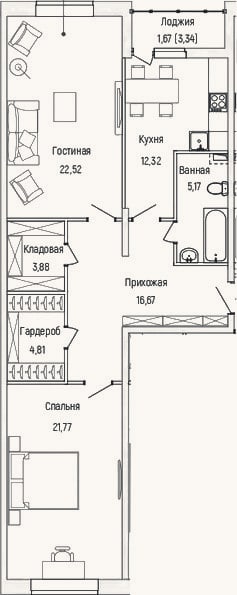 Планировка: 2-к, 87,1 м²