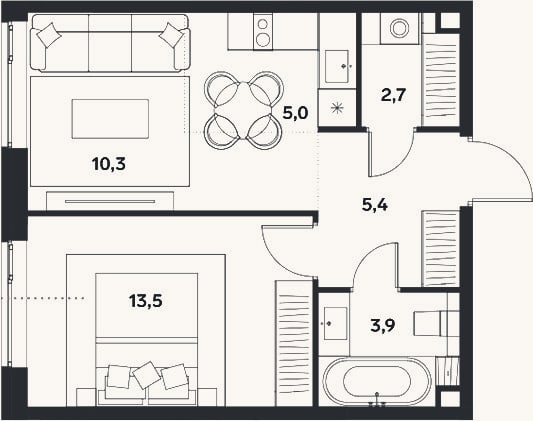 Планировка: 2-к, 40,8 м²