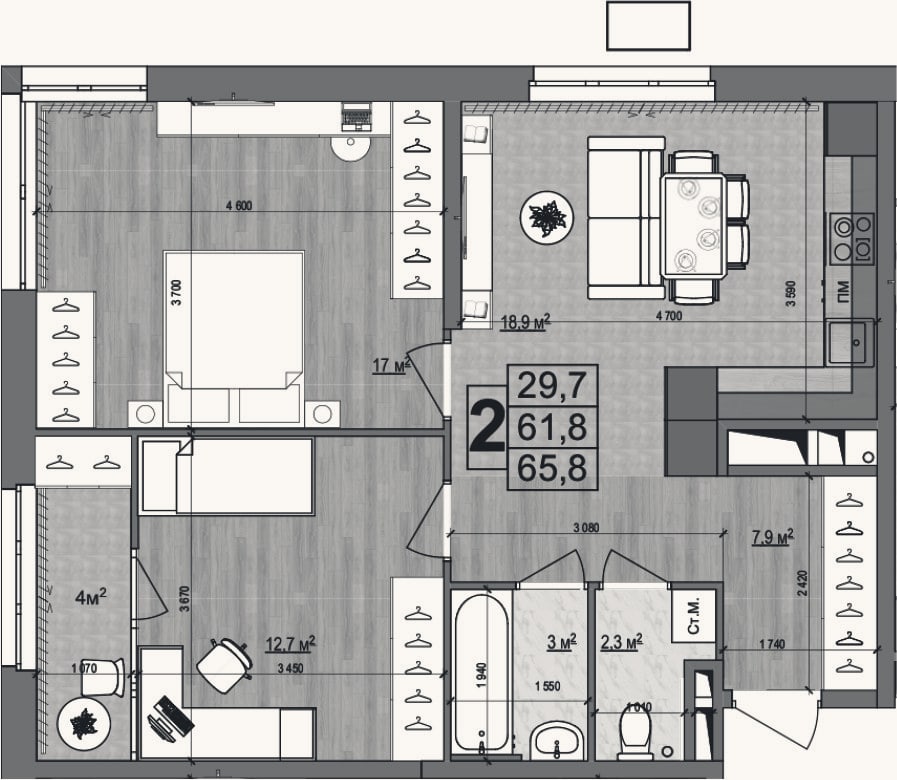 Планировка: 3-к, 61,8 м²