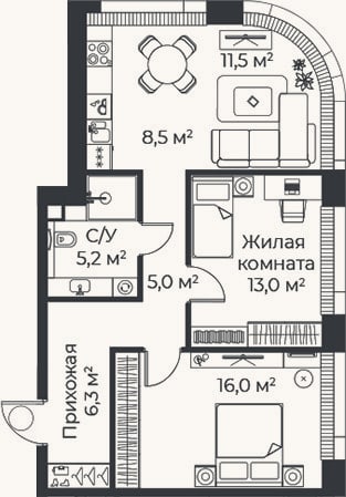 Планировка: 3-к, 65,5 м²