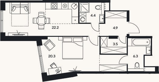 Планировка: 2-к, 61,6 м²