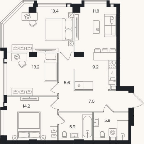 Планировка: 4+ к, 91,2 м²