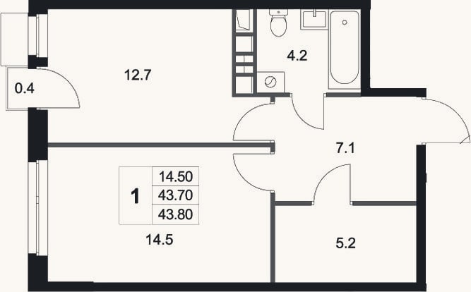 Планировка: 1-к, 43,7 м²