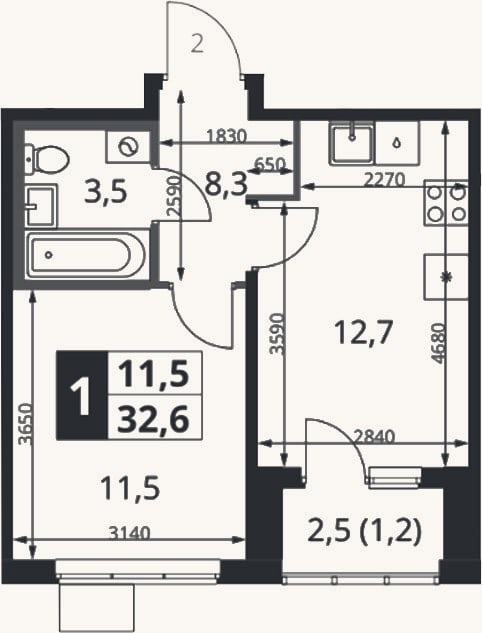 Планировка: 2-к, 31,4 м²