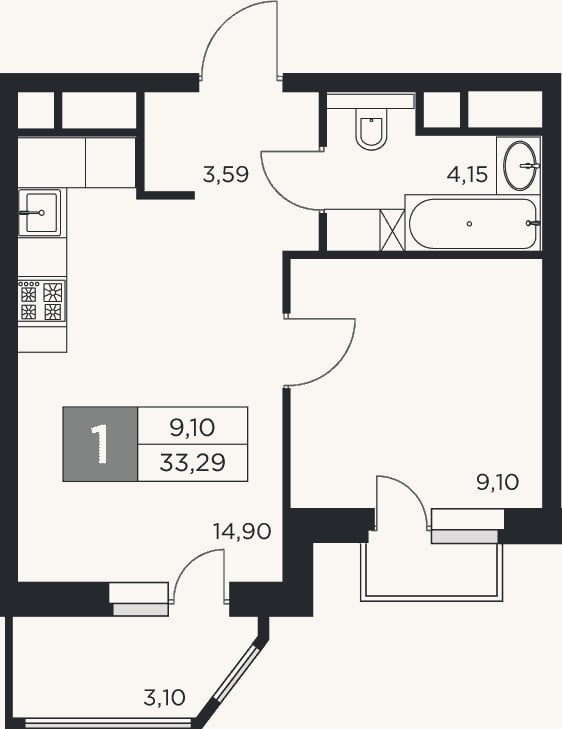 Планировка: 1-к, 31,7 м²
