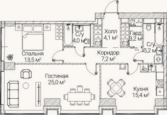 Планировка: 2-к, 77,4 м²