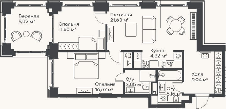 Планировка: 3-к, 72,4 м²