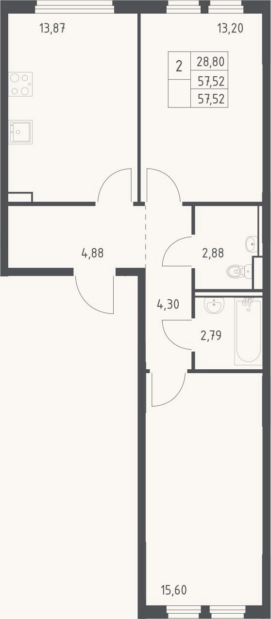 Планировка: 2-к, 57,5 м²