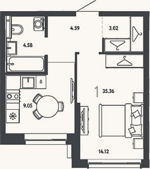 Планировка: 1-к, 35,4 м²