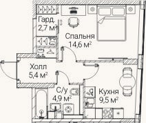 Планировка: 1-к, 37 м²